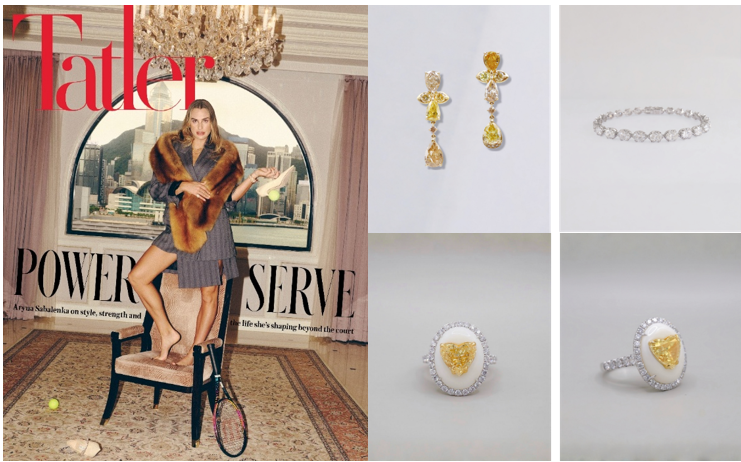 阿丽娜·萨巴伦卡（Aryna Sabalenka）佩戴来自Claudia Ma Fine Jewellery高级珠宝，18K黄金镶嵌的天然彩钻耳环、镶嵌在白珊瑚及18K白金底座上的黄色心形天然钻石戒指、18K白金天然钻石网球手链（图片源自《Tatler Hong Kong》）